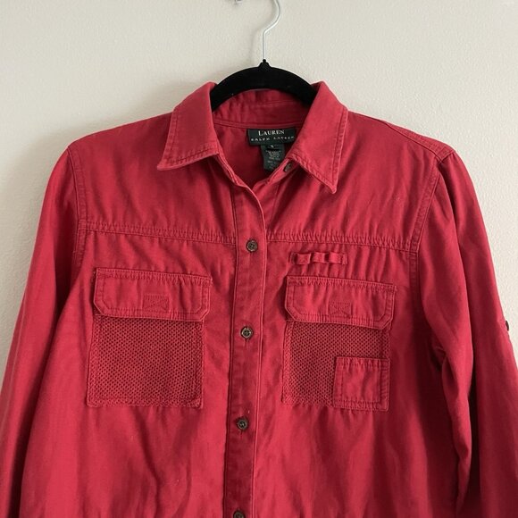 Vintage Lauren Ralph Lauren Women SZ S Red Mesh Pocketed L/Sleeve Barn Shacket - Picture 7 of 11